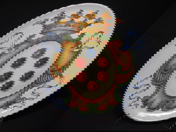 LARGE ROUND ITALIAN PLATTER MEDICI: Large round Italian made painted platter. Base color is white, and is decoratively painted with a variety of other colors. Good condition, no chips or cracks. Stamped on back "made in Italy", and sign