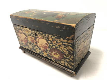 ANTIQUE HAND-PAINTED WOOD BOX, H 7", L 10": Painted flowers. Condition: much loss of paint, cracks, etc. Small in size. Weight approx. .5 lbs.
