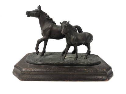 VINTAGE BRONZE MARE AND COLT SIGNED "PJ MENE": Petite bronze depicting a mare and her colt incised signature "P.J. Mene." Wood base (loose but attached). Measures 7.5 x 4". Condition: dark original patina, wear to base. See images. Weight 2.4 lbs.