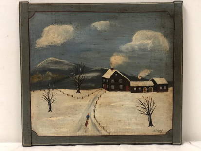 B. LYON, AMERICAN PRIMITIVE OIL ON WOOD PANEL: 16" x 18", winter farm scene, signed lower right, unframed. Condition as viewed under room light: needs cleaning. Weight: 3.9 lbs.