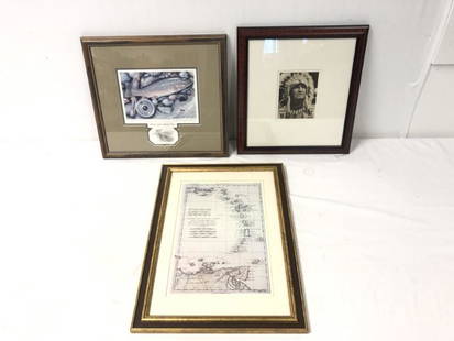 3 FRAMED MODERN PICTURES, TUCCI, ROBERTS, ETC.: Lot includes: Lawrence Alan Tucci offset lithograph with pencil remarque, 47/50, trout; G.S. Roberts, photograph of an Indian chief, 6" x 4.75", signed; photocopy map of the Antilles Islands.