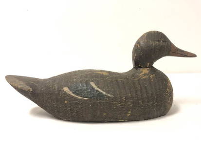 VINTAGE HAND MADE CARVED WOOD DUCK DECOY: Vintage hand made carved wood duck decoy measuring 15.5" long x 6.5" tall and 5.5" wide. Condition: appears to have minor repair to neck, see images. Weight: 2.2 lbs.