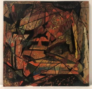 MID 20TH C FUTURISM STYLE PAINTING ON BOARD: Mid century Futurism style painting on board. Signed illegibly and dated what appears to be "56" lower right. Measures a total of 24" x 24". Unframed. Condition: minor wear to corners at edges, a few