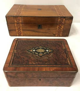 TWO ANTIQUE BOXES: PARQUETRY / MARQUETRY INLAY: Lot of two antique wooden boxes. Includes one parquetry lap desk measuring 5.75" tall x 15.75" wide and 9.5" deep, and one marquetry brass inlaid burled wood dresser box measuring 4" tall x 9.75"