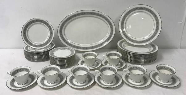 OXFORD "FILIGREE" PORCELAIN DINNERWARE: Oxford "Filigree" pattern porcelain dinnerware service for twelve, minus four cups saucers. Includes (12) 10.5" plates, (12) 8" plates, (12) 6.5" plates, (8) 2.75" tall cups, (8) 5.75" saucers, and