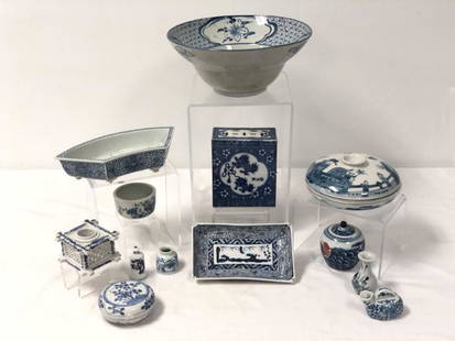LARGE LOT CHINESE & JAPANESE PORCELAIN WARE: Large lot of assorted Chinese and Japanese blue and white porcelain ware. Includes an inkwell, wax seal box, small vases and cups, a snuff bottle, larger lidded circle, a small ginger jar, trays, a