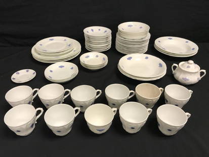ASSORTED ADDERLEY "BLUE CHELSEA" DINNERWARE 62 PCS: Lot of assorted Adderley "Blue Chelsea" pattern porcelain dinnerware. Includes 62 total pieces: plates, covered sugar, cups, saucers, etc. Condition: scattered chips, cracks, and discoloration to