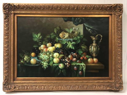 A. LADD, LATE 20TH C. CONTINENTAL OIL ON CANVAS: 24" x 36", fruit still life with pitcher in the Baroque style, signed lower right; gilt original frame measures 33.5" x 45.5". Condition: good as viewed under room light. Weight: 15.5 lbs.