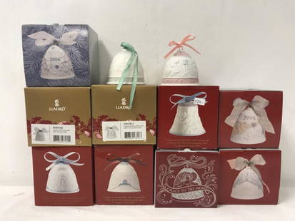 LLADRO BISQUE CHRISTMAS BELLS, 11: Years: 1992, 1996, 1998, 2000, 2002, 2004, 2005, 2006, 2007, 2008, 2009. All but 1992 and 1996 are in their original boxes. H of each bell is circa 3.25". Condition: good. Weight: 4.4 lbs.