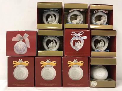 LLADRO BISQUE CHRISTMAS ORNAMENTS, 11 PIECES,: Lot includes: (4) "Our First Christmas", Dia 3" - years 2000 (2 pieces) and then (2) each of 2001 and 2002; (6) Christmas balls, 3" x 3" - years 2002 ( i piece), 2003 (3 pieces) and 2005 (1 piece).