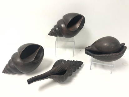 ROBERT KUO (US, B. 1947), BRONZE SCULPTURES, 4: Various conch seashell forms, L 8" to 13 .5", signed, dark brown patinas. Condition: a couple of dents to one, slight patina wear. Weight: 4.9 lbs.