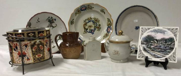 ASSORTED FRENCH & ENGLISH PORCELAIN, 8 PCS: Assorted French & English porcelain ware. Includes a total of 8 pieces: an 4.75" tall 18th century tea caddy, a 6" tall covered sugar or handled cup, an English trivet, a Sarreguemines plate, two