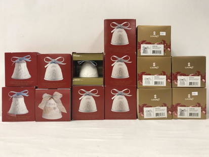 LLADRO BISQUE CHRISTMAS BELLS, 14,: Miscellaneous lot. Quantities and years: (3) 2008, (2) 1998, (1) 2006, (6) 2000, (2) 2009. All are in their original boxes. H of each bell is circa 3.25". Condition: bells are in good condition.