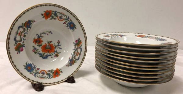 RAYNAUD CERALENE LIMOGES "VIEUX CHINE" CHINA BOWLS: 12 Raynaud Ceralene Limoges 'Vieux Chine" fine china bowls. Intricate floral and vine patterns, oval and dot border, and gold edge. Colors - red/orange, dusty blue, and green with touches of red and