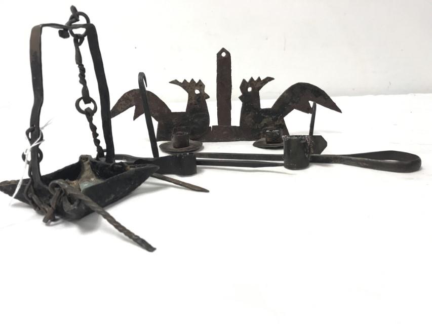 EARLY AMERICAN ANTIQUE IRON CANDLEWARE, 4 PIECES (1 of 8)