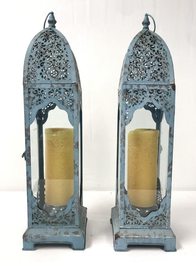 PAIR OF GREEN TIN CANDLE LANTERNS, H 27", 7" X 7" (1 of 9)