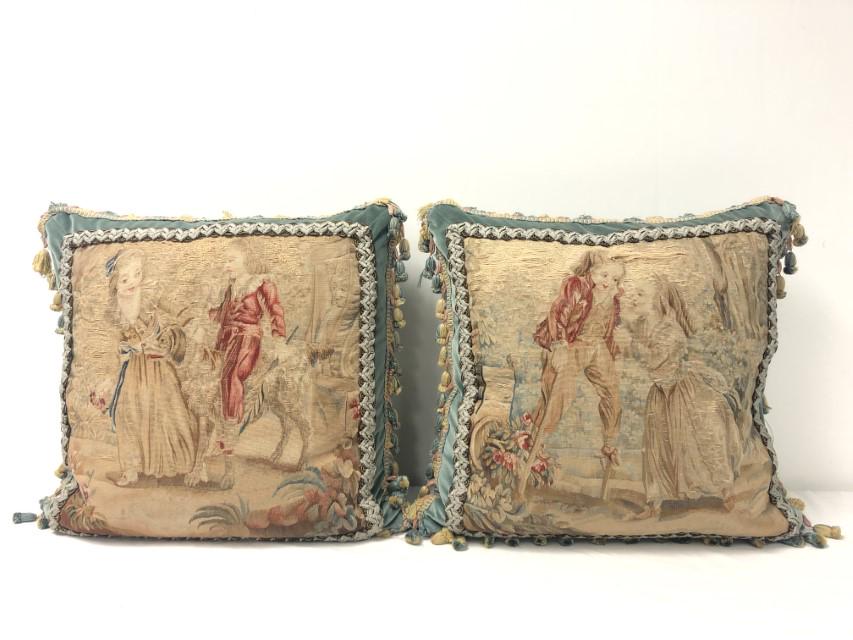 PAIR OF ANTIQUE AUBUSSON TAPESTRY FIGURAL PILLOWS (1 of 10)