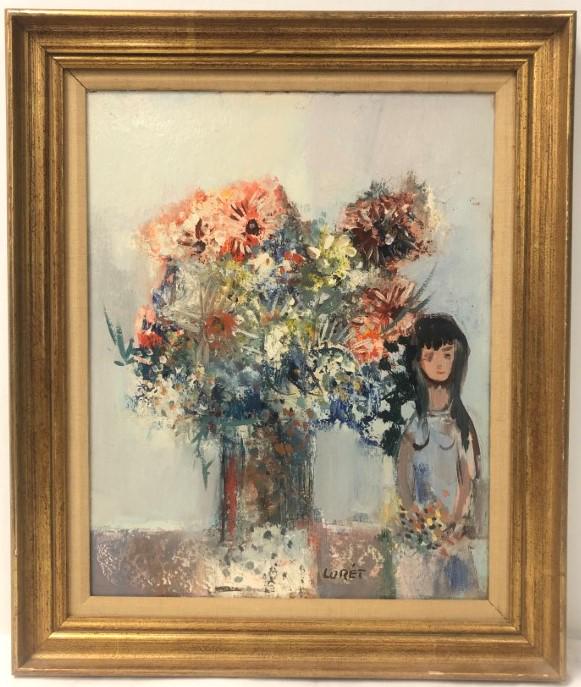 MID CENTURY OIL ON MASONITE PAINTING SIGNED LORET: Mid century oil on masonite painting signed lower mid right "Loret". Depicting a girl with a large flower bouquet. Framed measuring a total of 25" tall x 21" wide. Condition: minor signs of wear and a