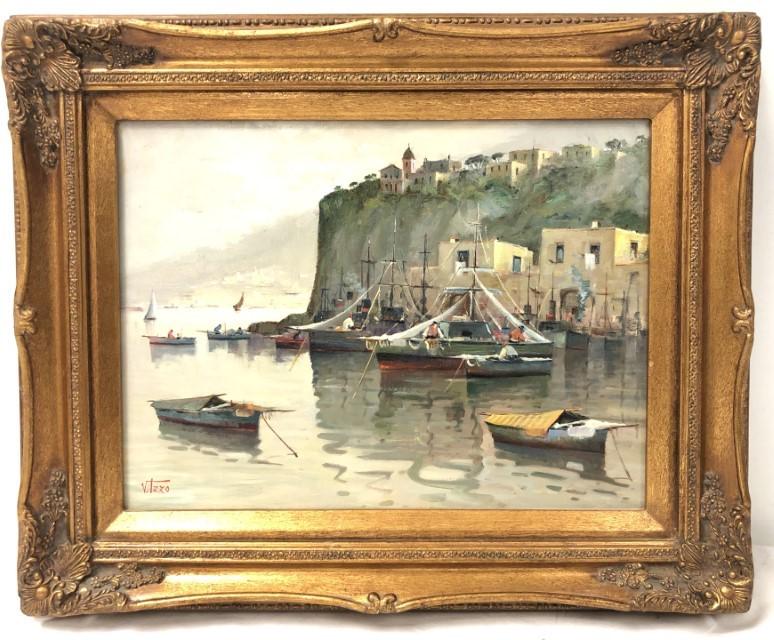 VITTORIO IZZO (ITALIAN, B. 1935), OIL ON CANVAS,: 12" x 16", "Porticciolo in Costiera Sorrentina", 2001, signed lower left, artist authentication stamp on verso with artist's signature, La Galleria Immaginario label on verso signed by the artist, gil