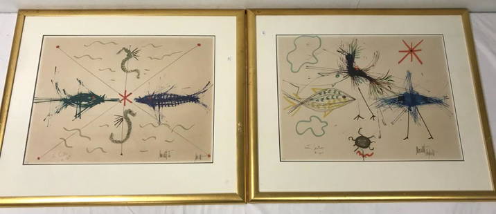 TWO RAYMOND MORETTI L.E. HAND SIGNED LITHOGRAPHS: Lot of two Raymond Moretti limited edition hand signed and framed lithographs. Each one numbered lower left "48/79", and signed lower right. Titled and dated 1962. Each frame measures a total of 29" x