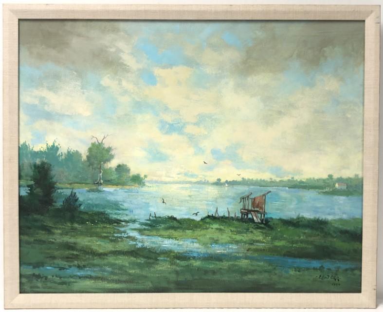 ELLIOT ORR (AMERICAN, B. 1904), OIL ON CANVAS,: 24 x 30", green lake shoreline, signed and dated 1984 lower right, also signed, dated and marked 'Naples FL' on verso top stretcher, only a linen liner as a frame, 32" x 26". Condition: good as viewed