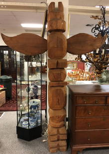 NORTHWEST COAST NATIVE AMERICAN CARVED WOOD TOTEM: H 97", W circa 72", D 12", abstract primitive bird form, not decorated, 20th c. Condition: has cracks. Weight: unknown - ships freight.