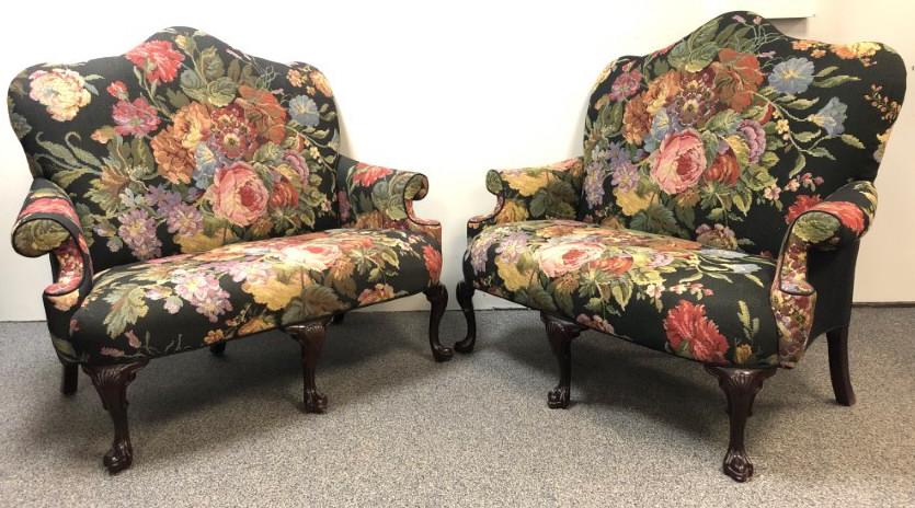 QUEEN ANNE STYLE NEEDLEPOINT SETTEES, PAIR, L 54": H 50", L 54", after 1950, mahogany frame with cabriole legs having trifid feet, bold, colorful floral needlepoint black ground upholstery. Condition: some normal wear, nicks to frame. Weight: unknown