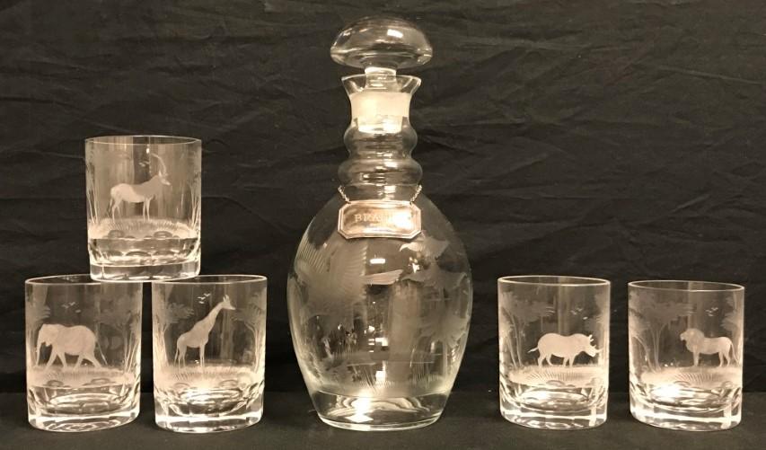 MOSER ROWLAND WARD DECANTER & TUMBLERS, 6 PIECES (1 of 14)