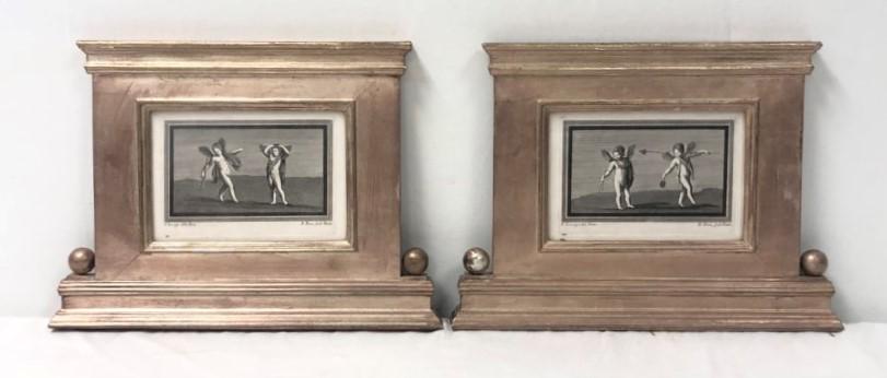 PAIR OF COPPER ENGRAVINGS AFTER F. LAVEGA,: 4.5" x 6.25" plate size,silver patina architectural frames, 10.5" x 14". Engraved by R. Pozzi. Condition: as viewed in the unopened frames: artwork good, frames with scratches and patina loss. Weight: