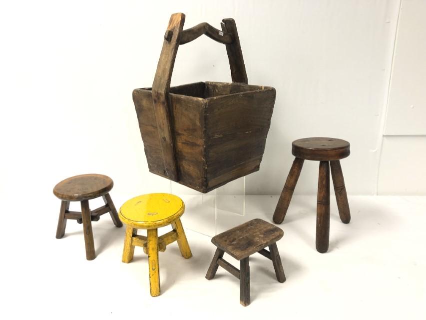 5 PRIMITIVE WOOD PIECES: STOOLS, ETC. (1 of 20)