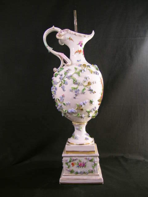 VERY LARGE DRESDEN PORCELAIN FLORAL EWER LAMP