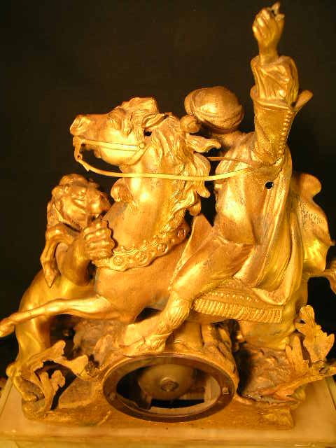 ANTIQUE FRENCH GILT ALABASTER LION HORSE CLOCK - 10