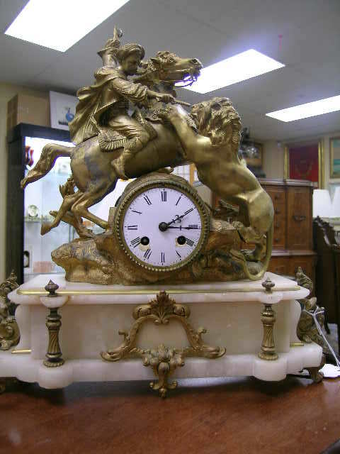ANTIQUE FRENCH GILT ALABASTER LION HORSE CLOCK