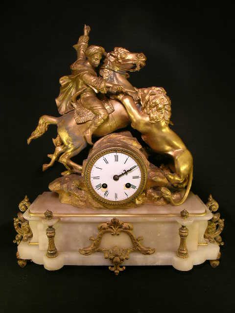 ANTIQUE FRENCH GILT ALABASTER LION HORSE CLOCK - 2