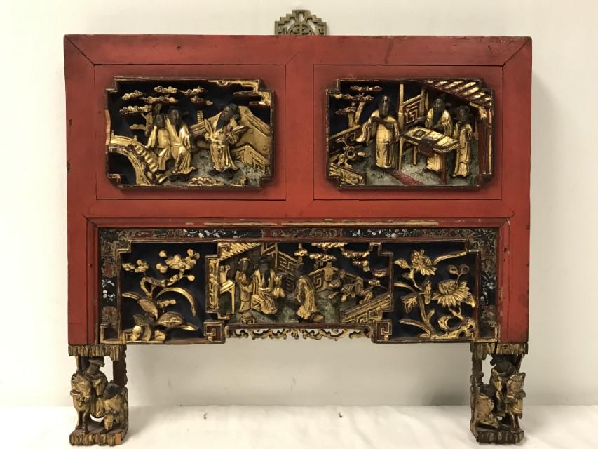 CHINESE ANTIQUE CARVED RED/GOLD LACQUER WALL PANEL (1 of 15)