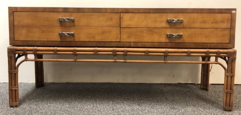 HENREDON ORIENTAL INFLUENCED LOW CHEST DRESSER,: H 27", L 59", D 17"; 4 drawers; bamboo and fruitwood; modern. Condition: wear, scratches (very prominent on the top). Weight: unknown - ships freight.