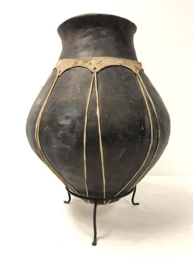 AFRICAN POTTERY WITH ANIMAL HIDE LARGE VASE (1 of 10)
