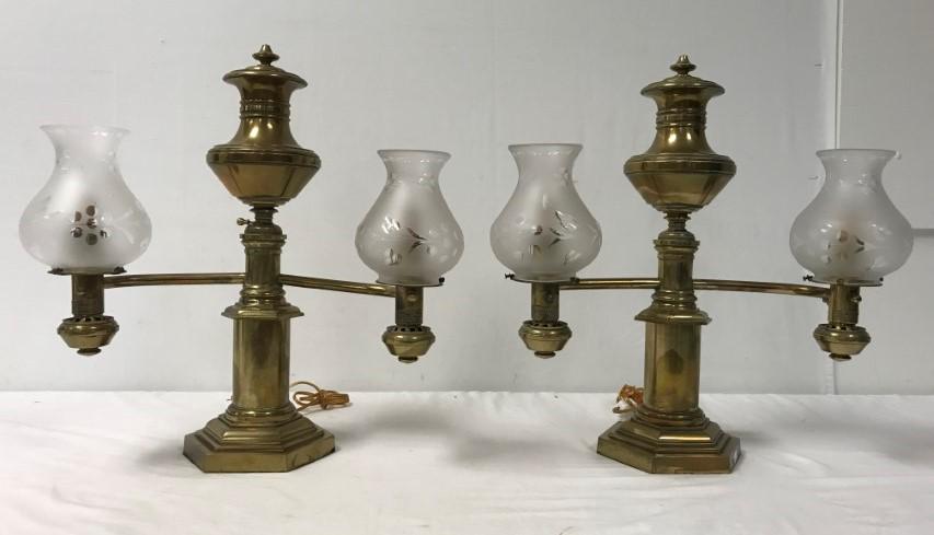 PAIR B. GARDNER BRASS DOUBLE ARM ARGAND LAMPS (1 of 19)