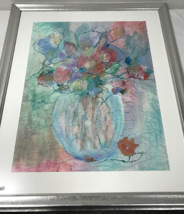 MARY JO, CONTEMPORARY GOUACHE ON PAPER: 27.5" x 21.5" sight; vase of flowers, signed lower right; 37.5" x 31.25" framed. Condition: good as viewed in the unopened frame. Weight: 14.1 lbs.