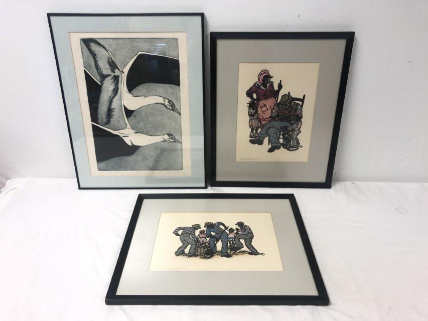 3 PIECES OF ART BY HILDA OGBURN & SUSAN CHAMPION,: Lot includes: 2 Hilda Lanier Ogburn (NC, 1895-1984) scrap sketches titled "Diggin' Taters" 6" x 9 1/2" image and "Good fo' Nuthin'", 11 1/4" x 7 1/2" image, both made of cut paper and fabrics, each si