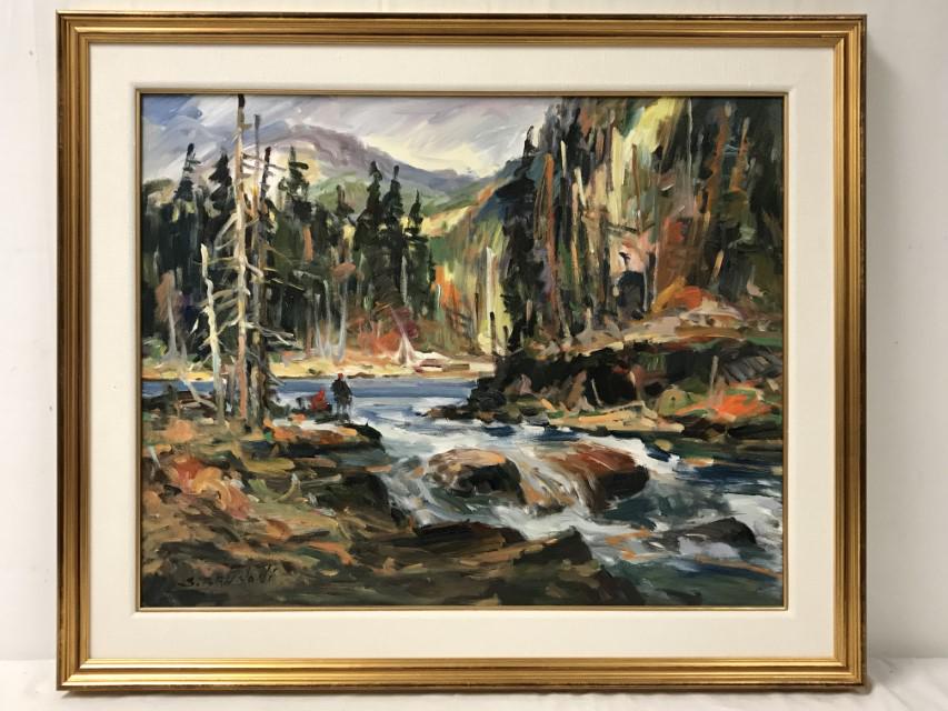 SERGE BRUNONI (CANADIAN,1938-2020), OIL ON CANVAS,: 24" X 30", "River Kiking House Alberta", signed lower left, signed and titled on verso by the artist, framed 31" x 37". Condition: artwork good as viewed under room light, frame is nicked in the corne