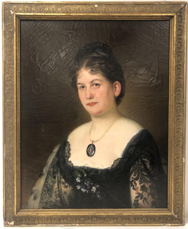19TH C. FRENCH OIL ON CANVAS, PORTRAIT OF A LADY,: 31" X 24.75" canvas; partially illegibly signed lower left along the side: "-----boda" - see photo details; gilt wood period/original frame, back of canvas having an Anton Maurer, Avien materials stam