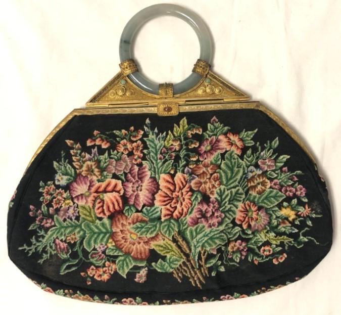 FLORAL NEEDLEPOINT PURSE WITH JADE RING HANDLE, (1 of 10)
