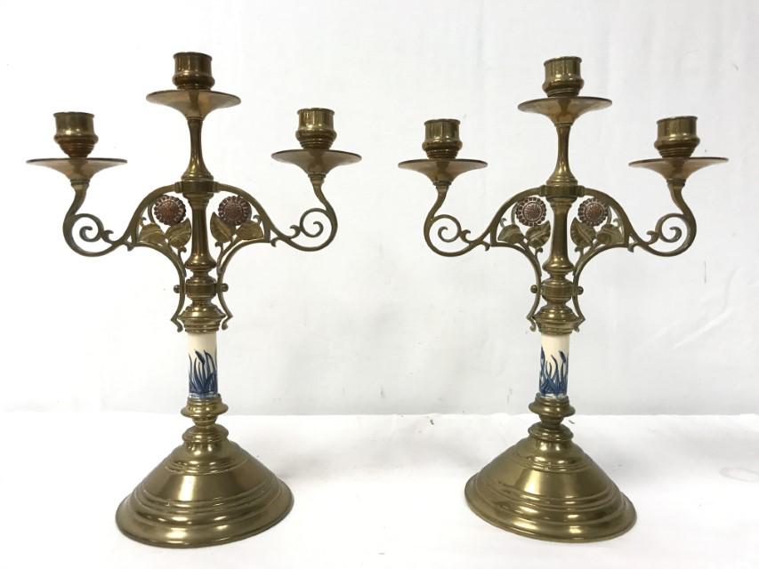 PAIR - ARTS & CRAFTS BRASS & PORCELAIN CANDELABRA (1 of 14)