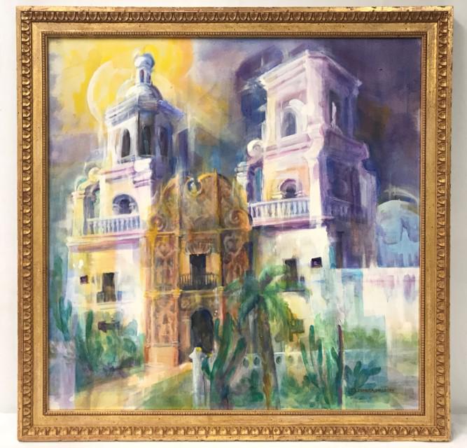 MARTA NELSON, MODERN ACRYLIC ON CANVAS, "BAC": 30" x 30", " "San Xavier Du Bac", signed lower right, titled on verso. c. 34" x 34" framed. Condition: good as viewed under room light. Weight: 7.5 lbs.