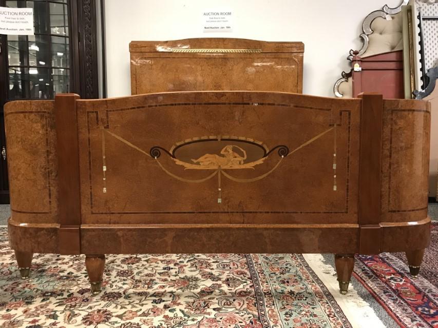 ART DECO/ LOUIS XVI STYLE FRUITWOOD MARQUETRY BED, (1 of 20)