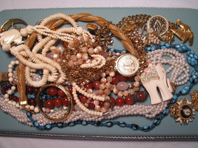 LADIES COSTUME JEWELRY STERLING MONET RHINESTONES E: Assorted tray lot of ladies costume jewelry. Includes Monet and other brands. Includes gold toned, sterling silver, bone, glass beads, enamel, faux pearls, rhinestones, stone, and more. All in good co