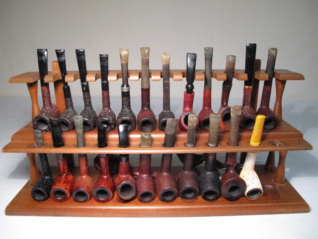 FINE PIPE COLLECTION CASTELLO DUNHILL & more 30 PCS: Fine tobacco smoking pipe collection, stand, and accessories. Includes 30 total pieces, 24 pipes. Pipes by makers such as Castello, Dunhill, Stanwell, Sasieni, and many more. Includes 5 Castello pipes