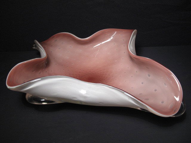 MURANO ART GLASS BULLICANTE BOWL: Murano large purple & white bullicante (controlled bubble) art glass bowl. Cased white and amethyst glass with bullicante lining on the inside. Normal shelf wear, minor roughness and ding at rim, see 