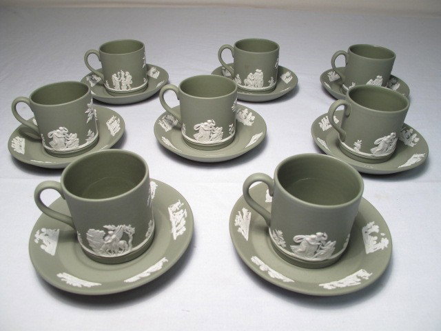WEDGEWOOD GREEN JASPER WARE DEMITASSE SET FOR 8: Wedgewood green jasper ware Demitasse for 8. Saucers measure 4.25 inches wide. Cups are 2-1/8 inches tall by 2.75 inches wide. Wedgewood incised marks on bottom. No chips, cracks or crazing. Shipping 
